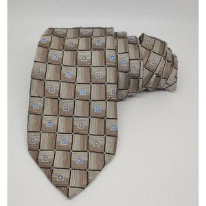 Insignia Martin Wong Mens Necktie Tie Beige Blue Silver Geometric Tie 100% Silk